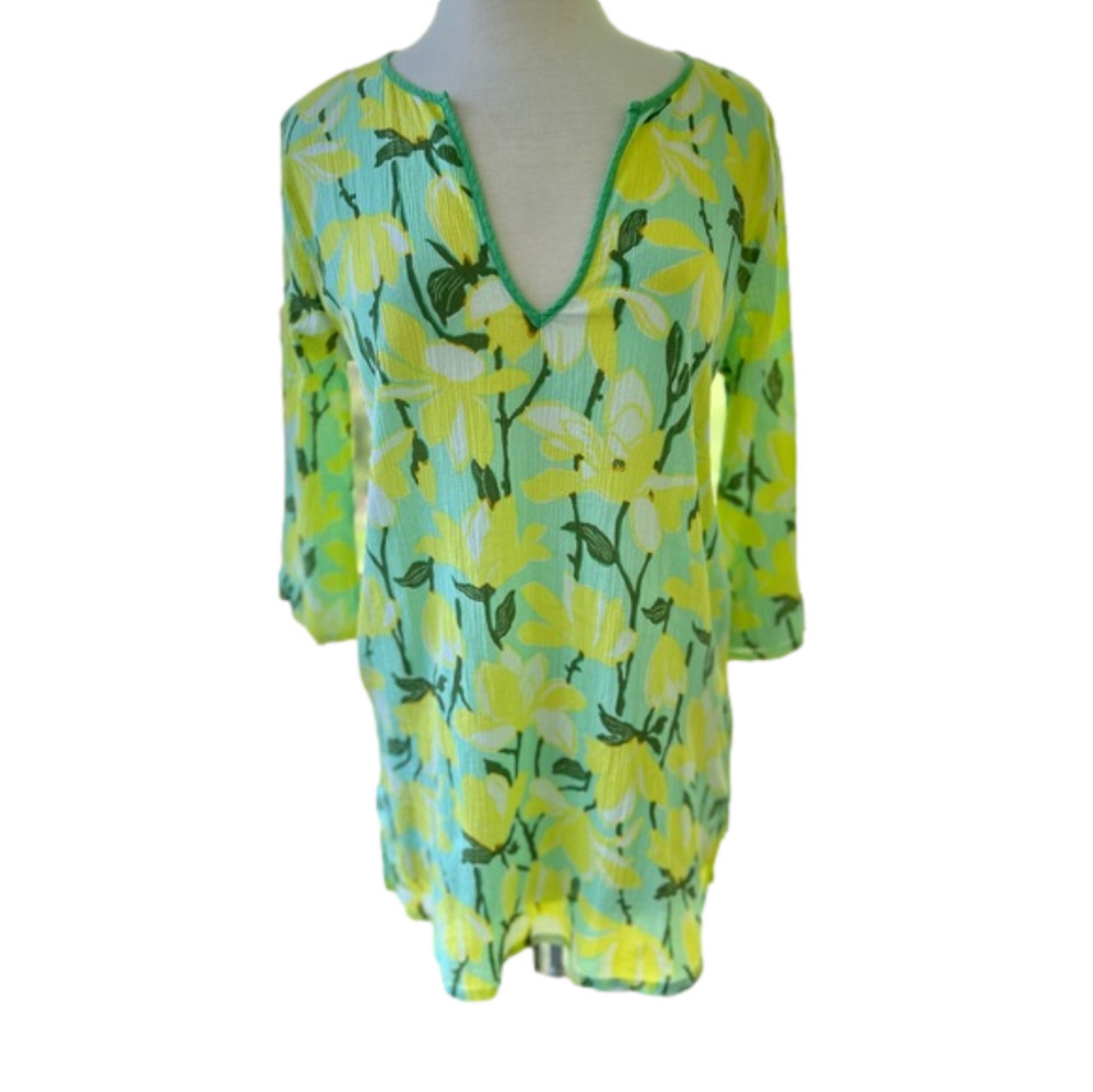 J. Crew Factory Floral Tunic Green Yellow V-Neck Cotton 3/4 Sleeve Size Medium